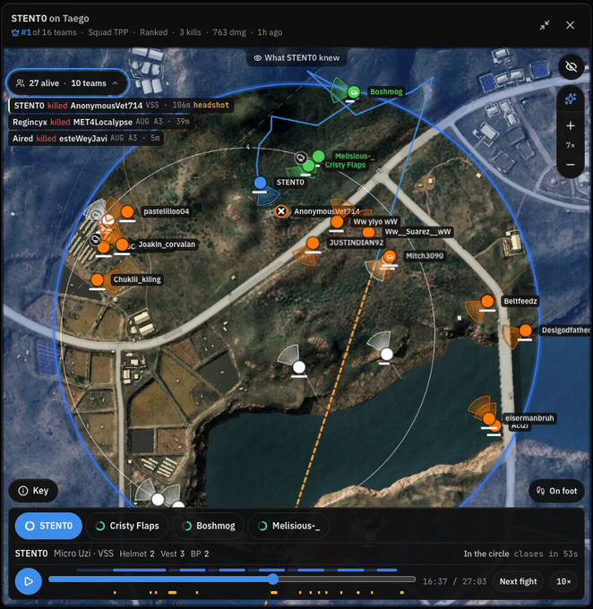 A video game map replay interface titled "STENTO on Taego" showing player positions, kill feeds, and match statistics for a battle royale game.