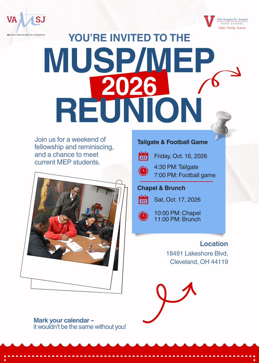 VASJHighSchool's tweet photo. Calling all MEP/MUSP Alumni! Join Sr. Martha Mooney, OSU, Ms. Roccosalva, Coach Redding '89 and current MEP students for the MEP/MUSP Reunion Weekend. RSVP at https://t.co/hpK1ideJGM. Questions? Contact Coach Redding at aredding@vasj.com. https://t.co/LI14EsVm0z