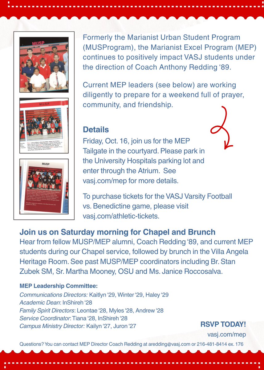 VASJHighSchool's tweet photo. Calling all MEP/MUSP Alumni! Join Sr. Martha Mooney, OSU, Ms. Roccosalva, Coach Redding '89 and current MEP students for the MEP/MUSP Reunion Weekend. RSVP at https://t.co/hpK1ideJGM. Questions? Contact Coach Redding at aredding@vasj.com. https://t.co/LI14EsVm0z
