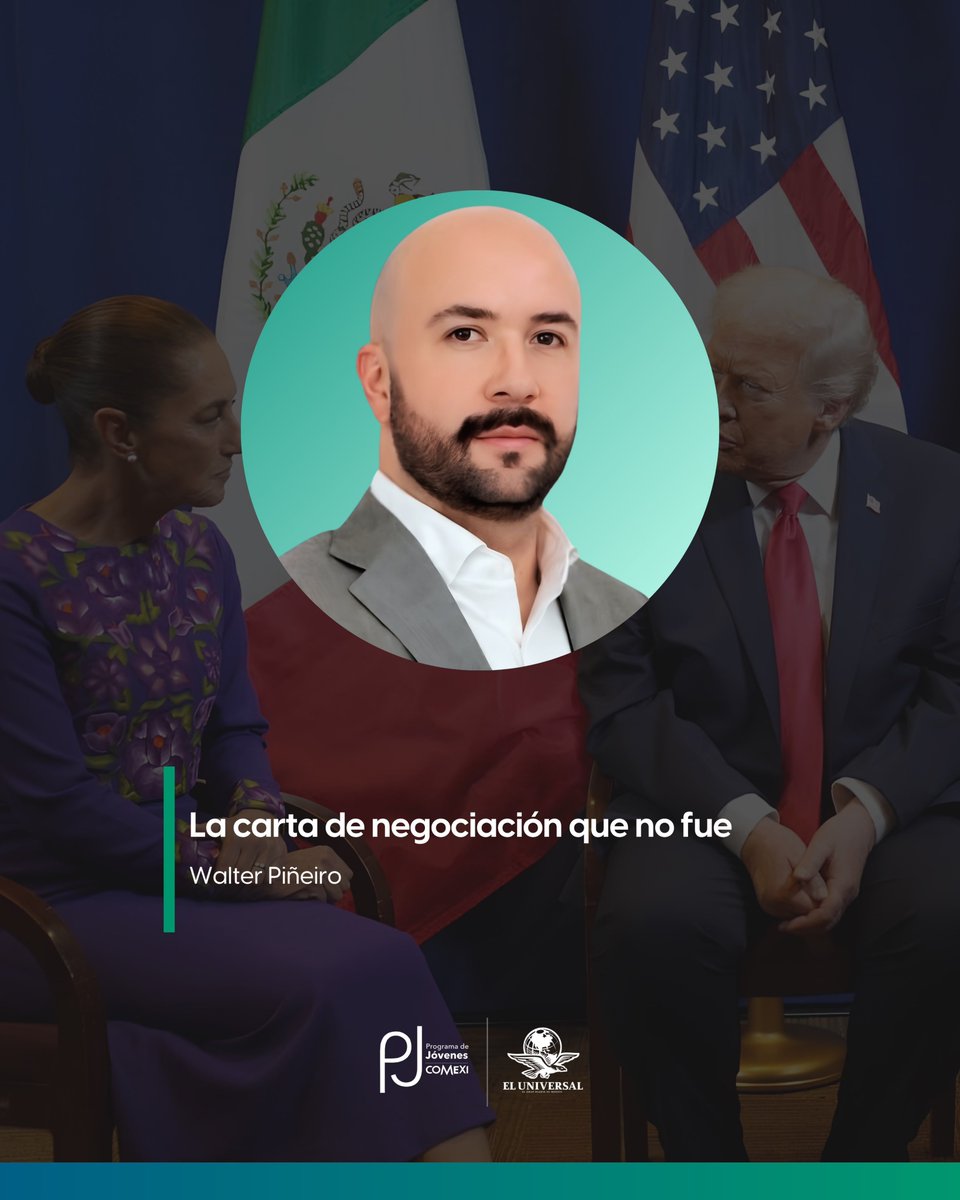 PJCOMEXI's tweet photo. #VocesPJ 🗣️ | “La carta de negociación que no fue” 🇲🇽🇺🇸

En el espacio de colaboración del Programa de Jóvenes del @COMEXI para @El_Universal_Mx, nuestro asociado @w_pineiro analiza cómo México ha utilizado históricamente la migración como una herramienta de negociación con Estados Unidos y cómo la presión ejercida desde el regreso de Donald Trump a la Casa Blanca modificó ese margen de maniobra frente a la revisión del T-MEC.