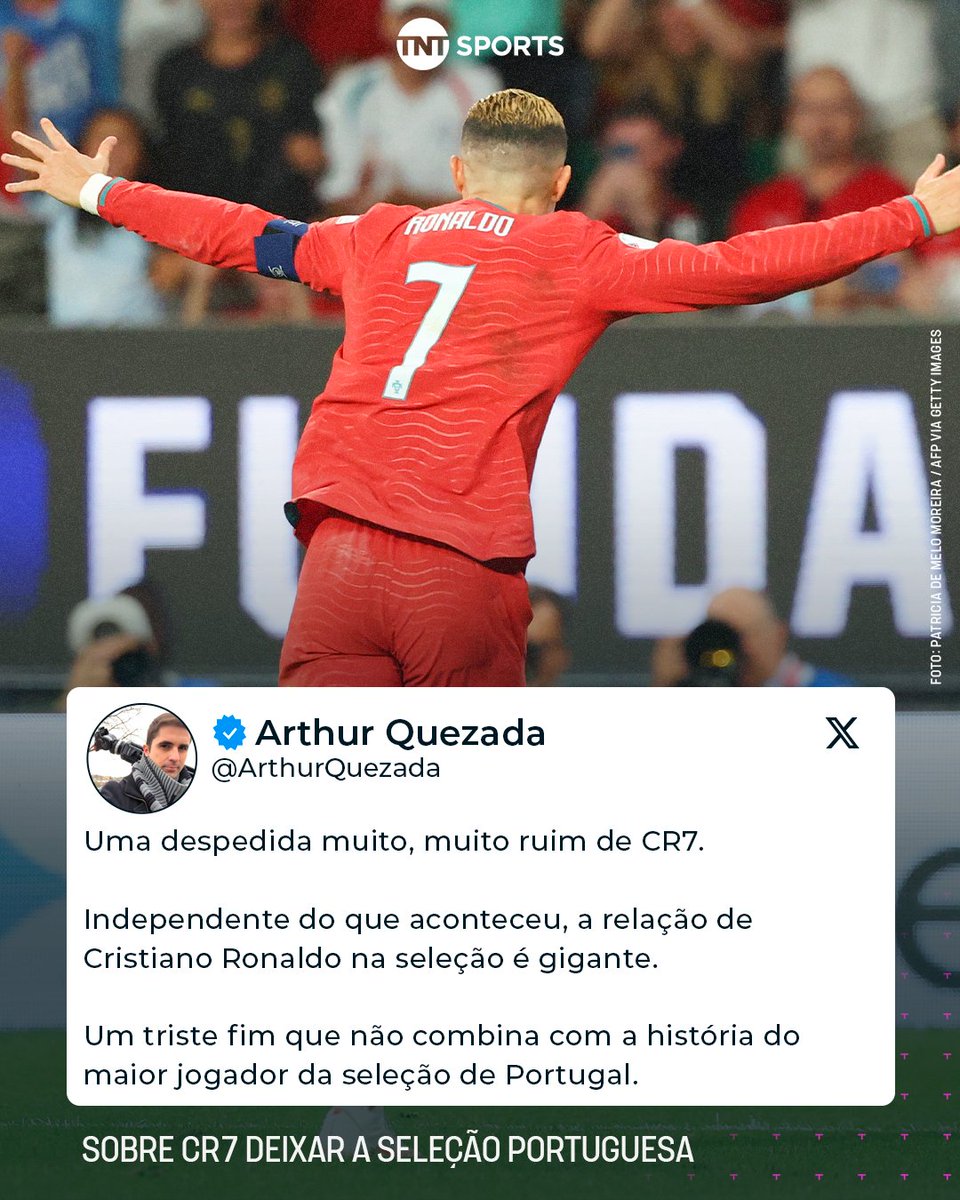 TNTSportsBR's tweet photo. O fim de Cristiano Ronaldo com a seleção portuguesa não está sendo como imaginávamos... 💭🇵🇹 Mas nem todas as histórias têm final feliz. O @ArthurQuezada comentou sobre o post de Cristiano Ronaldo nas redes sociais. 🤖🥲 #MFM https://t.co/fDJq10yyI3