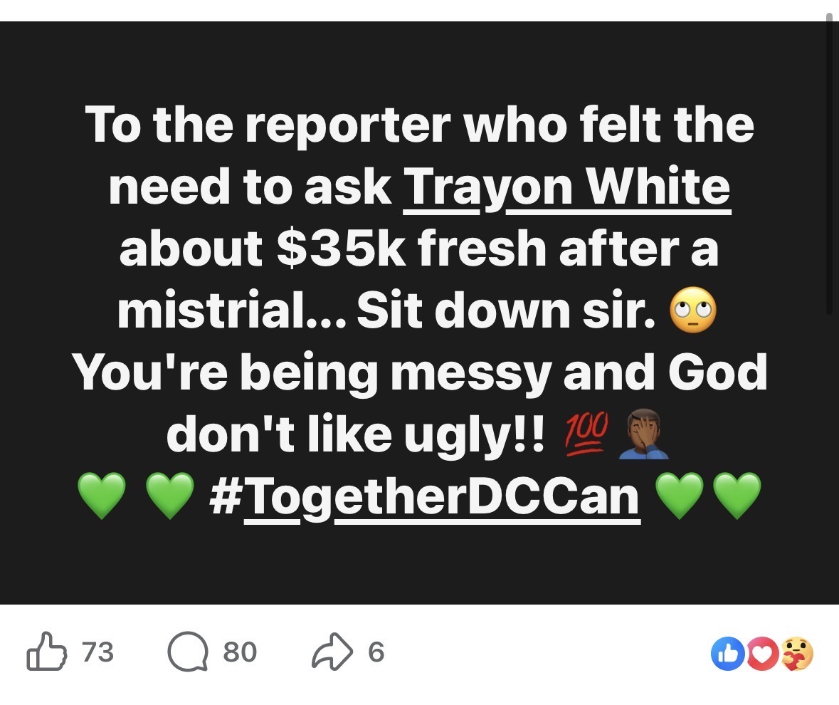 maustermuhle's tweet photo. Somewhat interesting claim from a supporter of Ward 8 Council member Trayon White that the $35,000 he accepted was merely a gift and that people don't have the right to ask about it. 

D.C. ethics law is pretty clear on gifts, especially from people who have city contracts. https://t.co/bbNN1LJYA4