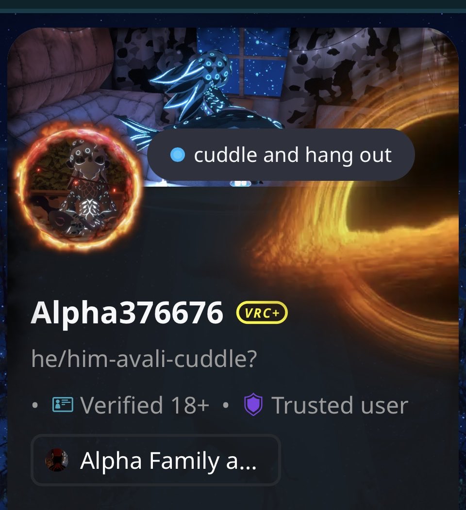 VRAlpha22avali's tweet photo. Looking for VR chat, cuddles 18 +chilling hanging out having fun  #vrchat  #Furry #Cuddle’ #Lookinfor  #vr #Ferrycommunity #Byrd #paws #Talon #Group 
#Movieshangout  #Female  #avail  #cure  #vrchatCommunity  #vrchatname  #name #vrcname  #English  #Canada https://t.co/AsXTfSzKVT