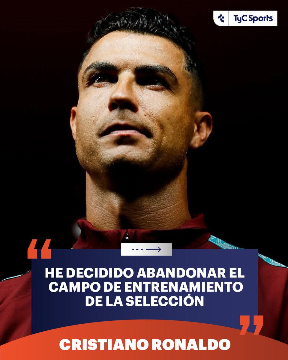 TyCSports's tweet photo. 💥 BOMBAZO: ¡CRISTIANO RONALDO ABANDONÓ LA CONCENTRACIÓN DE PORTUGAL! ❌🇵🇹

En un duro comunicado, el luso anunció que se retiró del campo de entrenamiento y que los motivos que lo llevaron a dejar el seleccionado serán informado a los portugueses a su debido tiempo. Sorpresa total en el mundo del fútbol.