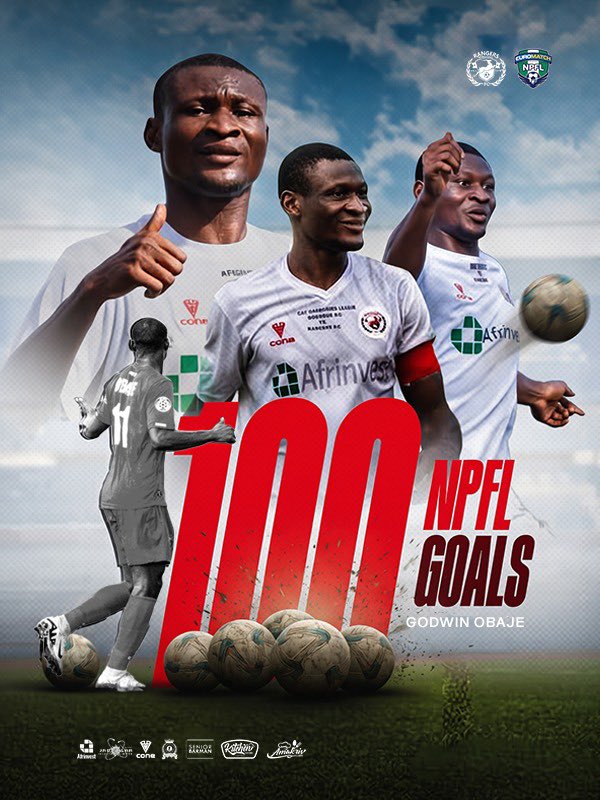 Rangers_Intl's tweet photo. 100 NPFL GOALS FOR GODWIN OBAJE! 💯⚽️
History made in Delta State. Godwin Obaje’s winning penalty marks his 100th goal in the Nigerian Premier Football League!
A legendary milestone for a top marksman 👏
🔴⚪️ #UpRangers #NPFL27 #Obaje100 #RangersFC https://t.co/LKReShahi7