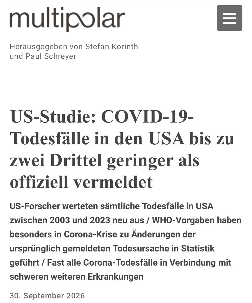 rosenbusch_'s tweet photo. „Die COVID-19-Sterbefälle wurden in den USA während der Corona-Krise um bis zu zwei Drittel übererfasst. Zu diesem Ergebnis kommt eine im Juni veröffentlichte US-amerikanische Studie des Chemie-Nobelpreisträgers Michael Levitt.
Er wertete zusammen mit seinen Co-Autoren – darunter der Epidemiologe und Statistiker John Ioannidis – sämtliche knapp 57 Millionen zwischen 2003 und 2023 in den USA ausgestellten Todesscheine neu aus und verglich das Ergebnis mit der daraus erzeugten offiziellen Todesursachenstatistik.“
https://multipolar-Magazine .de/meldungen/0464
https://t.co/yNEH2zDjF7