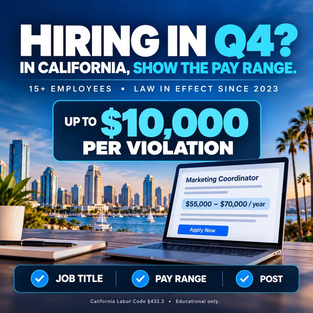 mypayrollguy's tweet photo. CA employers check your job posts

Since 2023, employers with 15+ employees must include the pay range in job postings

Not buried in a link
Not “DOE”
The actual range

Violations carry penalties up to $10K

I still see this mistake weekly

Simple compliance. Expensive mistake https://t.co/AFcSA8Oe0H