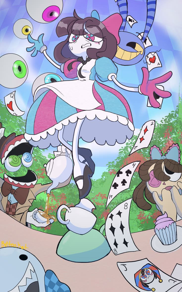 RuneZaZa's tweet photo. Just a normal totally calm tea party with the gang... 🫖...... 
Artby @Buttonhead
#Pomnijax #TADC #Caine #FunnyBunny #TheAmazingDigitalCircusFanArt https://t.co/t0NY1MtKnW