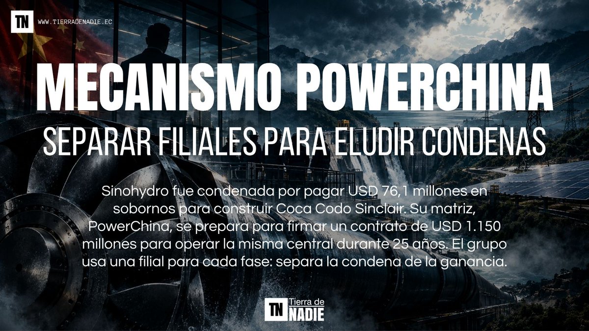 TierraDeNadieEc's tweet photo. Sinohydro fue condenada en agosto de 2026 por pagar USD 76,1 millones en sobornos para construir Coca Codo Sinclair. Pero su casa matriz, PowerChina firmará el contrato para operarla durante 25 años. Una investigación de #TierraDeNadieEC.
>>> https://t.co/4B2d8TO3bv https://t.co/RI8YFyetej