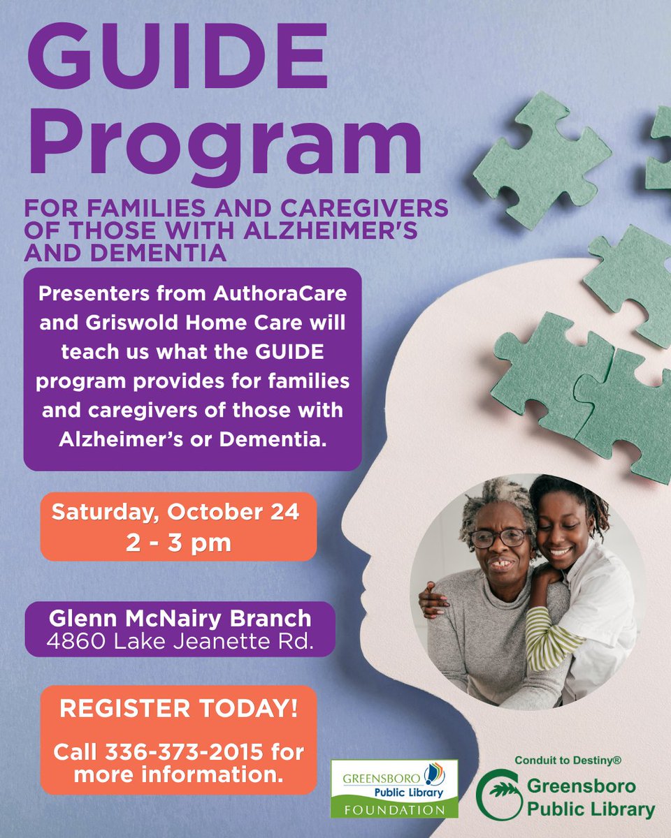 GSOLibrary's tweet photo. Presenters from AuthoraCare and Griswold Home Care as they teach us what the GUIDE program provides for families and caregivers of those with Alzheimer’s or Dementia.

ℹ Register to reserve your spot. Call 336-373-2015 for more info.

📍 Glenn McNairy Branch
🗓 10/24
⏰ 2 - 3 pm https://t.co/i2uTYCuJS2
