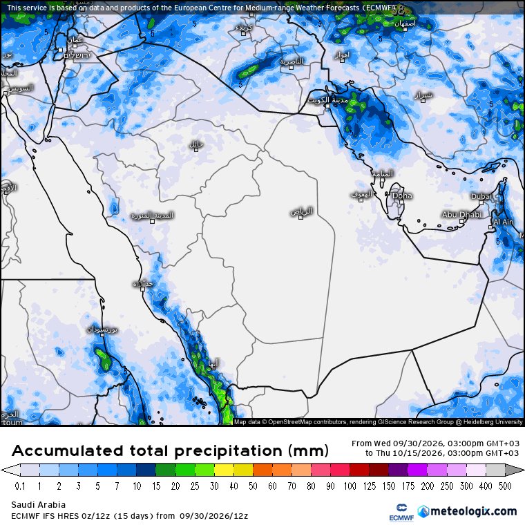TMIA9's tweet photo. توقعات المركز الوطني للأرصاد لشهر أكتوبر 2026م:
بمشيئة الله تعالى 
​🌧️ الأمطار: فرصة هطول أعلى من المعدل الطبيعي على أغلب مناطق المملكة بنسبة تصل إلى 80%.
🌡️ الحرارة: درجات حرارة أعلى من المعدل الطبيعي بنسبة (40-80%)، بارتفاع يصل أقصاه إلى (+3.0°م) على أجزاء من عسير ونجران والشرقية والرياض. 
موسم مبشر بالخير ان شاء الله
صورة لتراكم الأمطار خلال الأسبوعين القادمة والتغيرات واردة