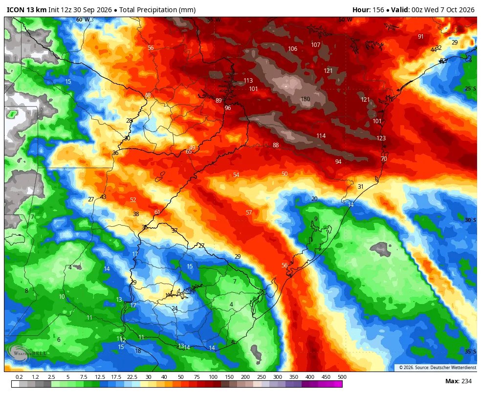 TempoSLeopoldo's tweet photo. Mapas mostram as estimativas de chuva acumulada no sul do Brasil até a noite da próxima terça-feira conforme a rodada das 12h UTC dos modelos IFS (ECMWF), GFS (NOAA), ICON (DWD) e GDPS (ECCC). https://t.co/BfFyr6hrEv