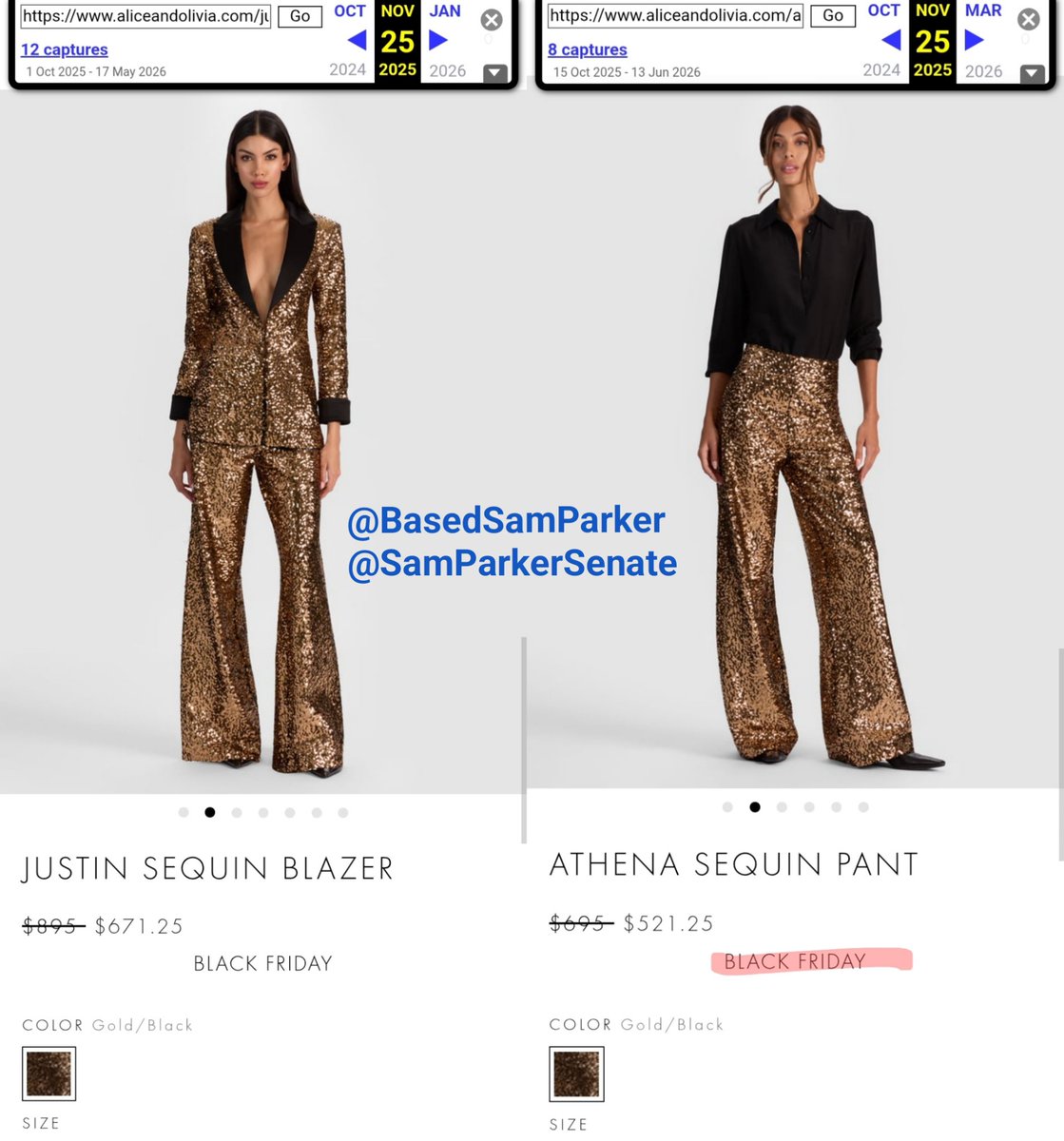 BasedSamParker's tweet photo. WHY DOES ERIKA LIE ABOUT THINGS THAT DON'T MATTER? The gold glitter suit Erika Kirk wore to AmFest was part of the Alice + Olivia collection released in mid-November 2025, which means she likely intentionally bought it to wear at AmFest, as opposed to her story of it being the 'only thing that fit.' 

This might seem like an unimportant detail, but I think it speaks to her trustworthiness: If she's willing to lie about things that DON'T matter, can we really trust her to tell the truth when things DO matter?