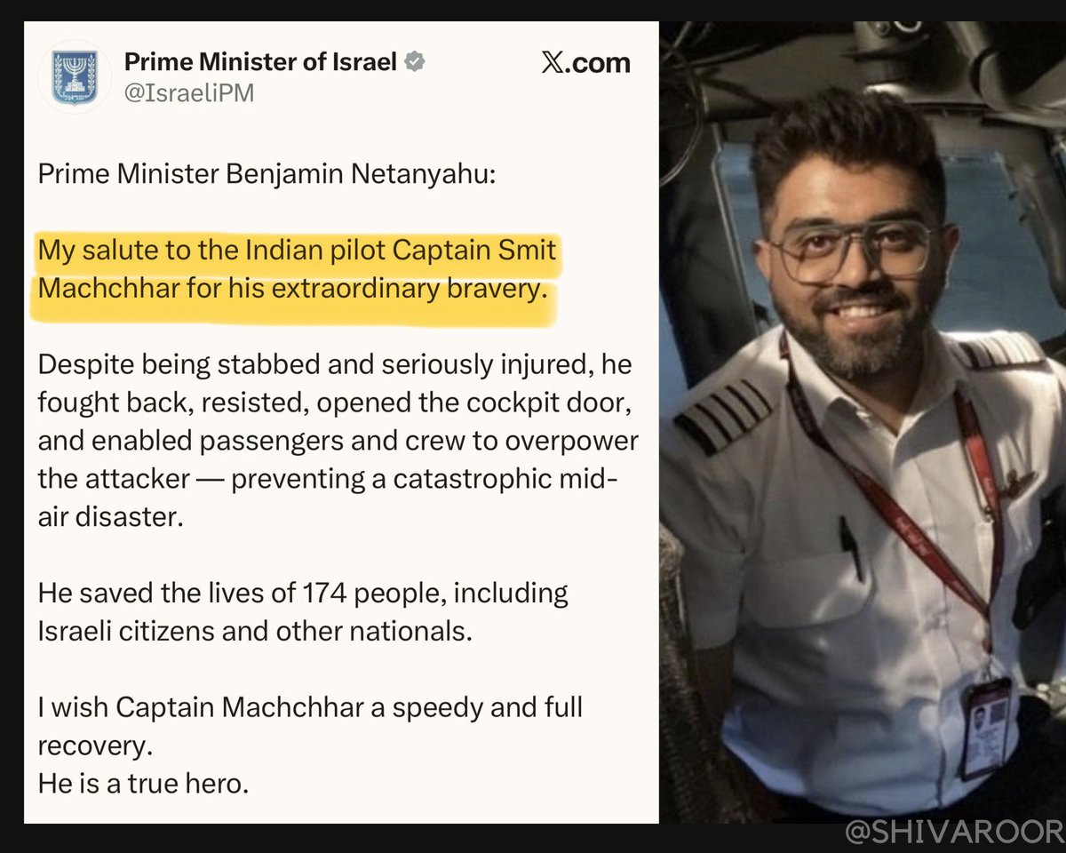 ShivAroor's tweet photo. A truly deserved message from the Israeli PM for Indian pilot Smit Machchar. https://t.co/D7UUGacgCI