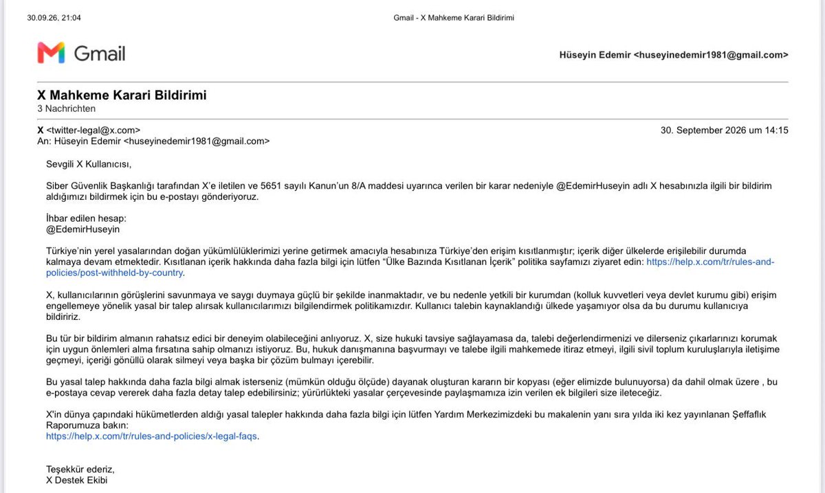 huseyinedemir1's tweet photo. Bugün hesabıma erişim engeli getirildi. https://t.co/9SUv0TcDr5