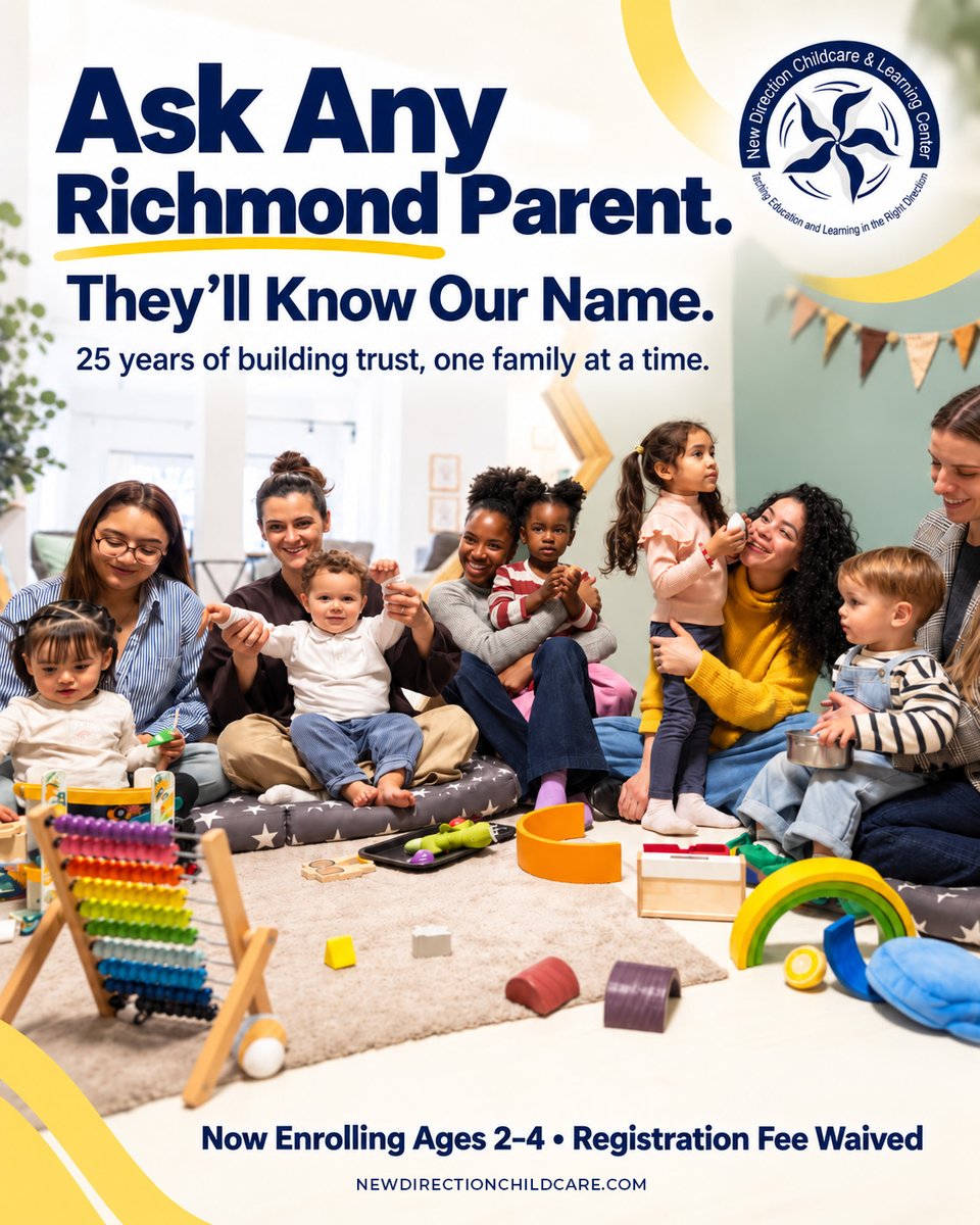ChildcareNew's tweet photo. Richmond parents know our name! 💙 For 25 years, families have trusted New Direction. Now enrolling ages 2–4 with the registration fee waived. Enroll today! https://t.co/OhvnYLThF1