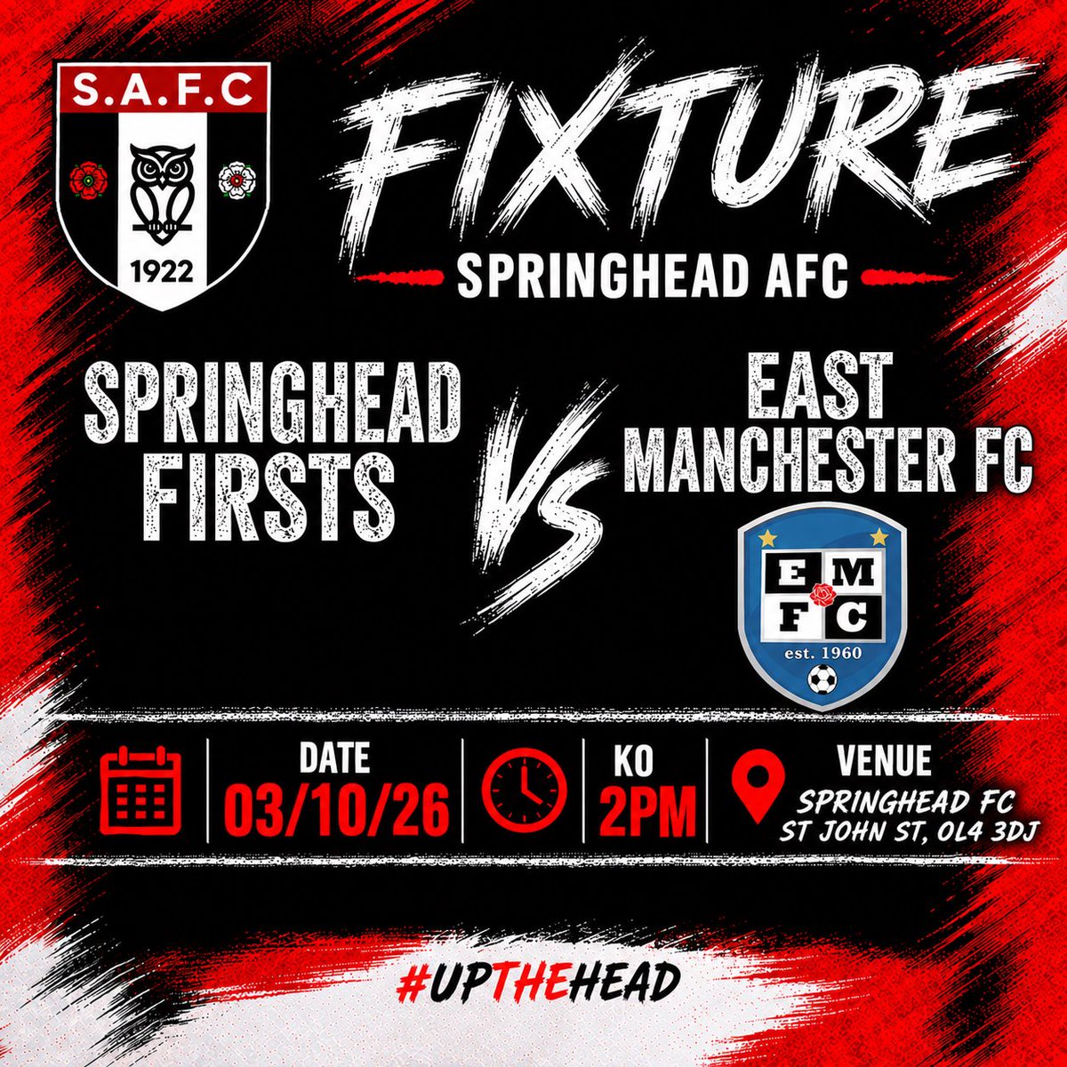 SpringheadAFC's tweet photo. 🔴⚫️ THIS WEEKENDS FIXTURES ⚫️🔴 

Get down and support the lads! 💪🏼

#UpTheHead 
🇾🇪 https://t.co/Ib7q49AytQ