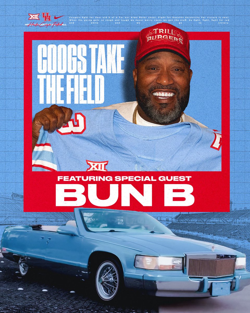 UHCougars's tweet photo. Houston Rapper Bun B is set to ride on the slab ahead of Saturday’s game against UCF ‼️ https://t.co/HYC2Kjf1ps