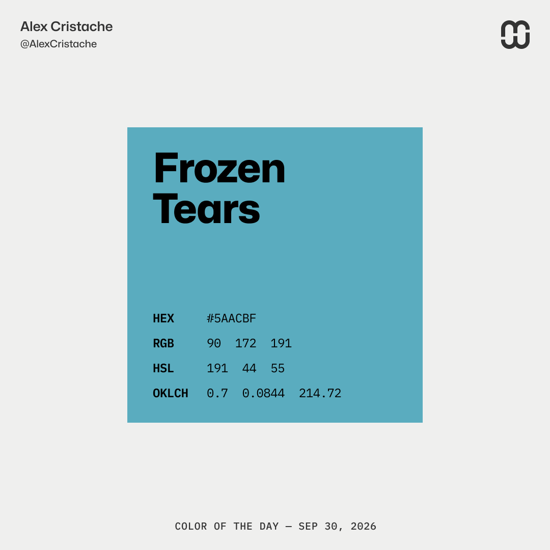 AlexCristache's tweet photo. "Frozen Tears" – 5AACBF – is our Color of the Day.
Do cold 🩵 hearts cry frozen tears?
If they do, I'd imagine this would be their color.
#ColorOfTheDay #ColorInspiration https://t.co/sS6uc1Vidg