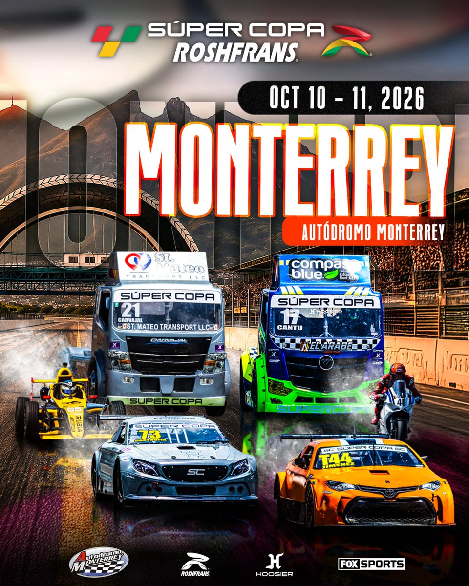 SuperCopaMex's tweet photo. Toda la carne al asador y la fiesta de la Súper Copa @RoshfransMX lista para llegar a Monterrey, compra tus boletos para vivir un día lleno de adrenalina🤠🏎️🏍️🏁
🏆Fecha 8 📅 10 y 11 de Octubre📍Autódromo Monterrey
🎟️Boletos en Fanki
#SuperCopaRoshfrans #SCMonterrey https://t.co/uEMjsrKWhN