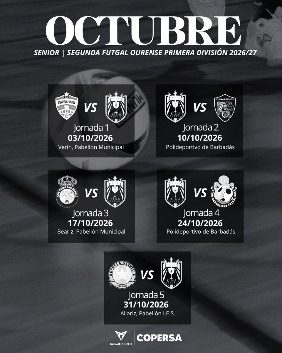 Kinafutsal's tweet photo. 🤩🗓️ ¡Estos son los partidos de nuestro equipo en Octubre! 

@cupra_copersa | #FuerzaKinas https://t.co/HjbCZW6aEv