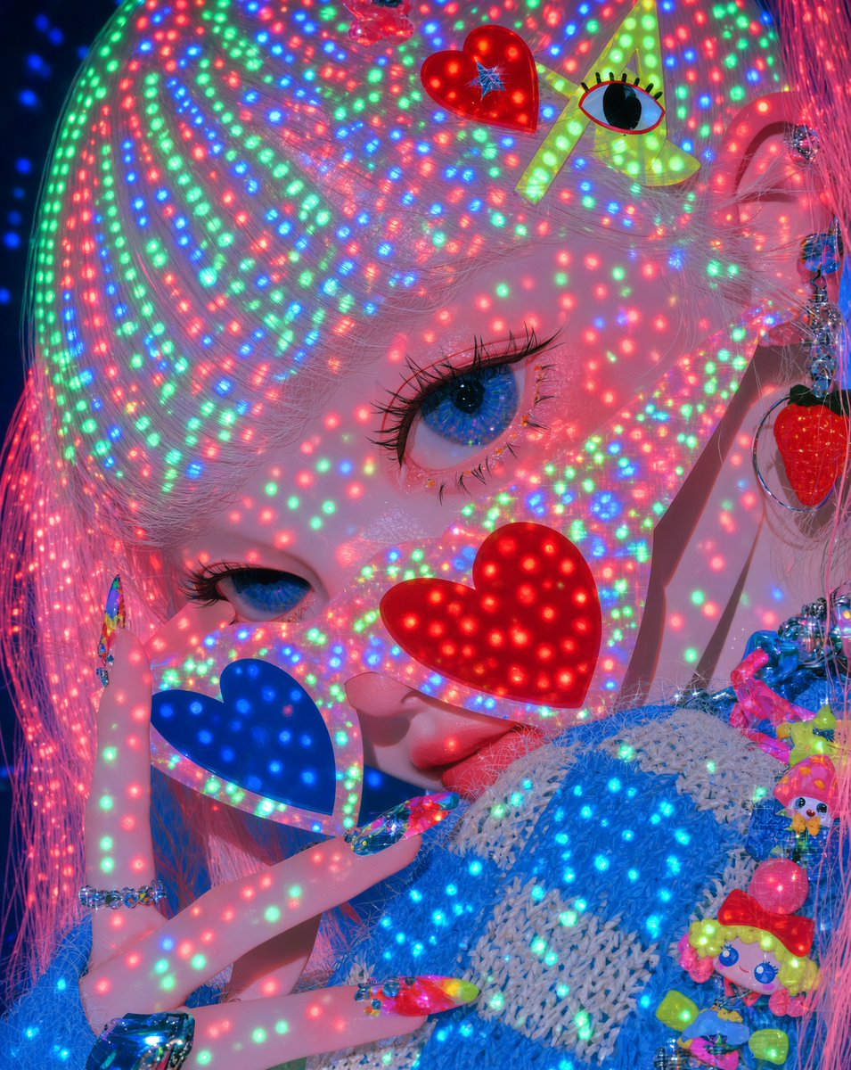 cleanbell2's tweet photo. LED가 피부를 덮는다.
체크, 꽃, 하트, 점광 — 네 장의 클로즈업.
#VELLA #LEDPortrait #PixelBeauty #DotMatrix #NeonSkin #AIArt #AIillustration #Y2KCyber #CyberKawaii #CloseUpEditorial #AfterlightArchive #Cleanbell #ColorBurst #PixelGlow https://t.co/LtYyltYJvy