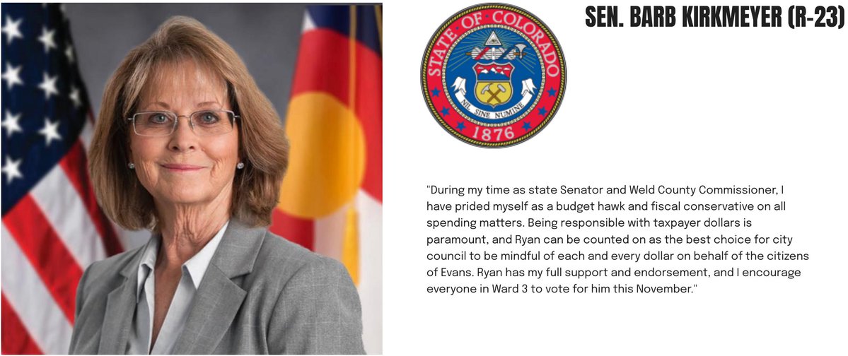 Schuiling4Evans's tweet photo. Very grateful and proud to have the endorsement of @SenKirkmeyer in my campaign for Evans City Council. She has been stalwart in opposition to wasteful spending, both at the state capitol and for the citizens of Weld County. It is my pledge to do the same for residents in Ward 3. https://t.co/D6SzqgaT1z