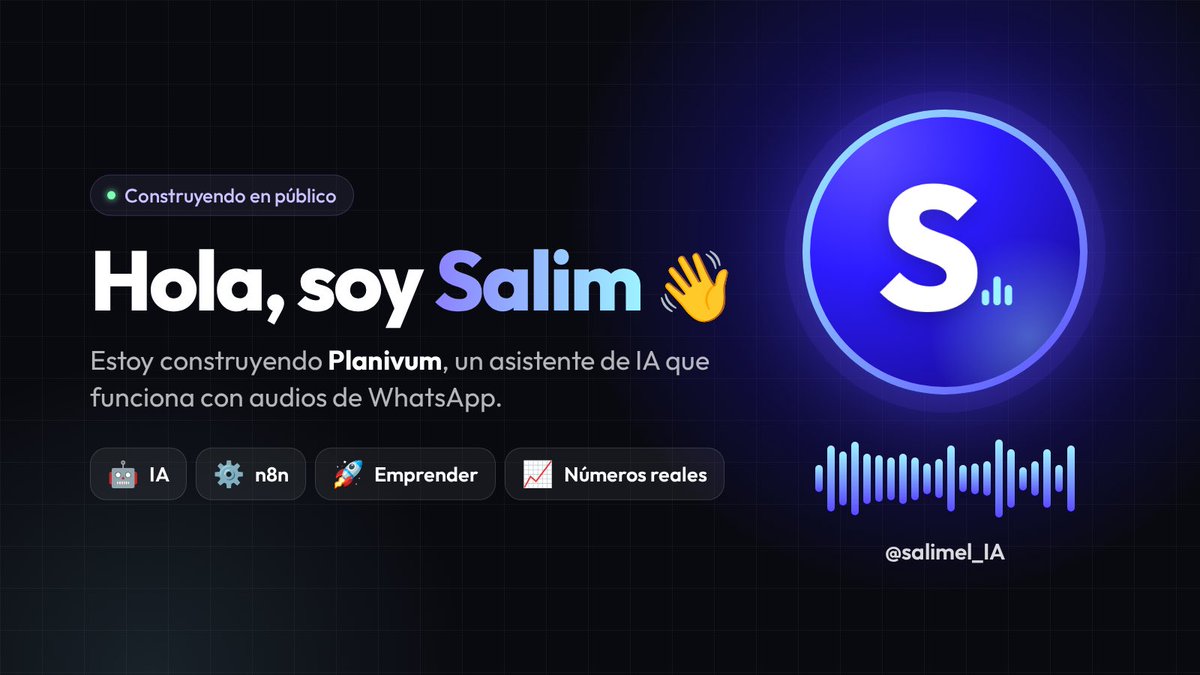 salimel_IA's tweet photo. Hola, soy Salim 👋

Estoy construyendo @Planivum : un asistente de IA que vive en WhatsApp 🎙️

Mandas un audio y él se encarga del resto: agenda reuniones, guarda tareas, escribe en Slack y apunta tus notas.

Aquí contaré todo el proceso desde cero. Sígueme 🚀 https://t.co/VHMF0ctbkf