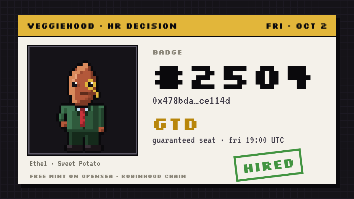 MiloKeijp's tweet photo. HR approved my file at @veggie_hood 🥕

badge #2504 · GTD
free mint, friday 19:00 UTC

check yours: https://t.co/Yk3FzOJfh5 https://t.co/WmxWrzjMmk