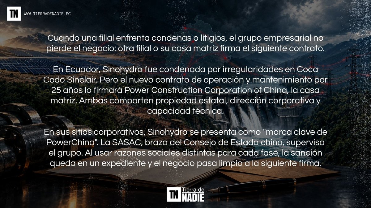 TierraDeNadieEc's tweet photo. El mecanismo: PowerChina usa filiales distintas para cada fase de un proyecto. Una construye y enfrenta las condenas. Otra firma los contratos posteriores y retiene las ganancias. La sanción queda en un expediente. https://t.co/4B2d8TOB13 https://t.co/tFxlqGaeX4