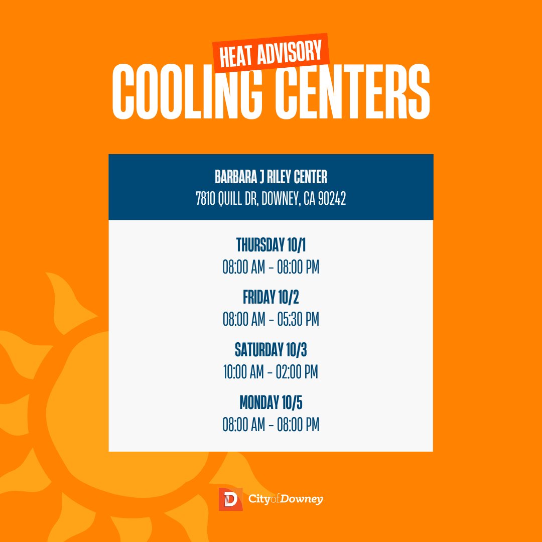 CityofDowney's tweet photo. A heat advisory is in place for October 1-3 and October 5. Cooling Centers are available to help residents stay safe during the heat.

📍 Barbara J Riley Center
7810 Quill Dr, Downey, CA 90242

📍 Downey City Library
11121 Brookshire Ave, Downey, CA 90241 https://t.co/ut9Olu20m2