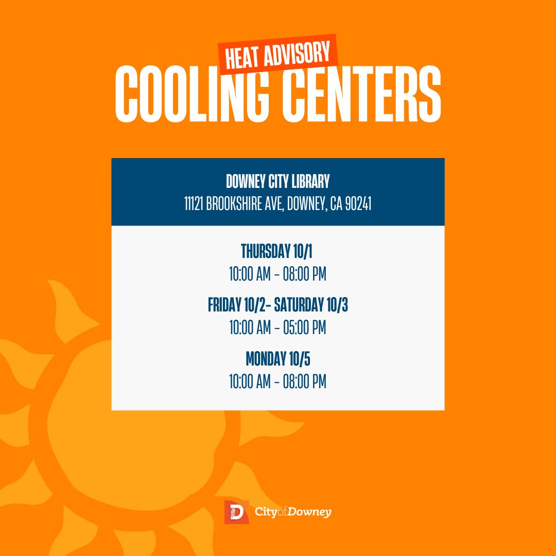 CityofDowney's tweet photo. A heat advisory is in place for October 1-3 and October 5. Cooling Centers are available to help residents stay safe during the heat.

📍 Barbara J Riley Center
7810 Quill Dr, Downey, CA 90242

📍 Downey City Library
11121 Brookshire Ave, Downey, CA 90241 https://t.co/ut9Olu20m2