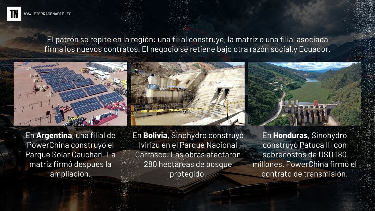 TierraDeNadieEc's tweet photo. En Bolivia, Sinohydro construyó Ivirizu en el Parque Carrasco, afectando 280 hectáreas de bosque protegido. En Argentina, una filial construyó el Parque Solar Cauchari y la matriz firmó la ampliación. En Honduras, PowerChina firmó después de que Sinohydro construyera Patuca III. https://t.co/L4VZJmXhk3