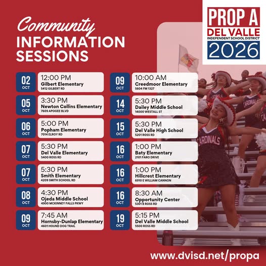 DelValleISD's tweet photo. Want to know more about Proposition A and what it means for Del Valle ISD? 
Join district leadership at an upcoming Community Information Session.
You’ll get an overview of the measure, learn about its financial impact on DVISD schools, and have the opportunity to ask questions. https://t.co/NOQreYijlf