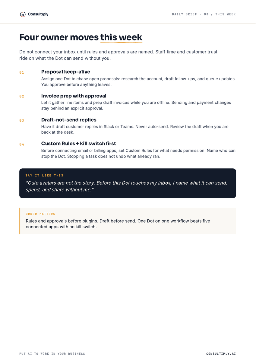 geekdude's tweet photo. Your inbox doesn't close when you do. ⚡

Dots keep working on proposals and invoices after you leave ChatGPT, Slack, or Teams.

Cute avatars aren't the story. Approvals are. 🔐
What can it send without you?
https://t.co/3C2jb8J0Bx
#SMB #AIAgents #PutAIToWork https://t.co/Xd0Wuy02ME