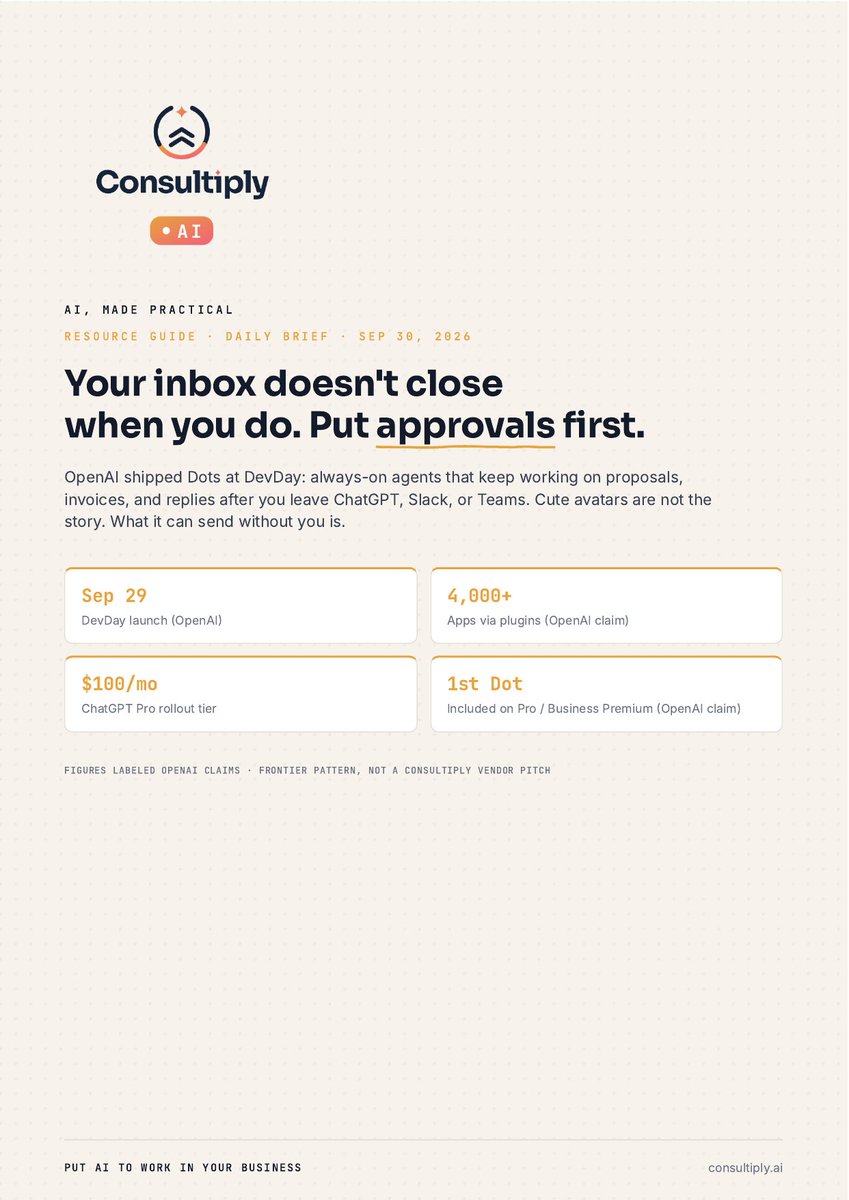 geekdude's tweet photo. Your inbox doesn't close when you do. ⚡

Dots keep working on proposals and invoices after you leave ChatGPT, Slack, or Teams.

Cute avatars aren't the story. Approvals are. 🔐
What can it send without you?
https://t.co/3C2jb8J0Bx
#SMB #AIAgents #PutAIToWork https://t.co/Xd0Wuy02ME