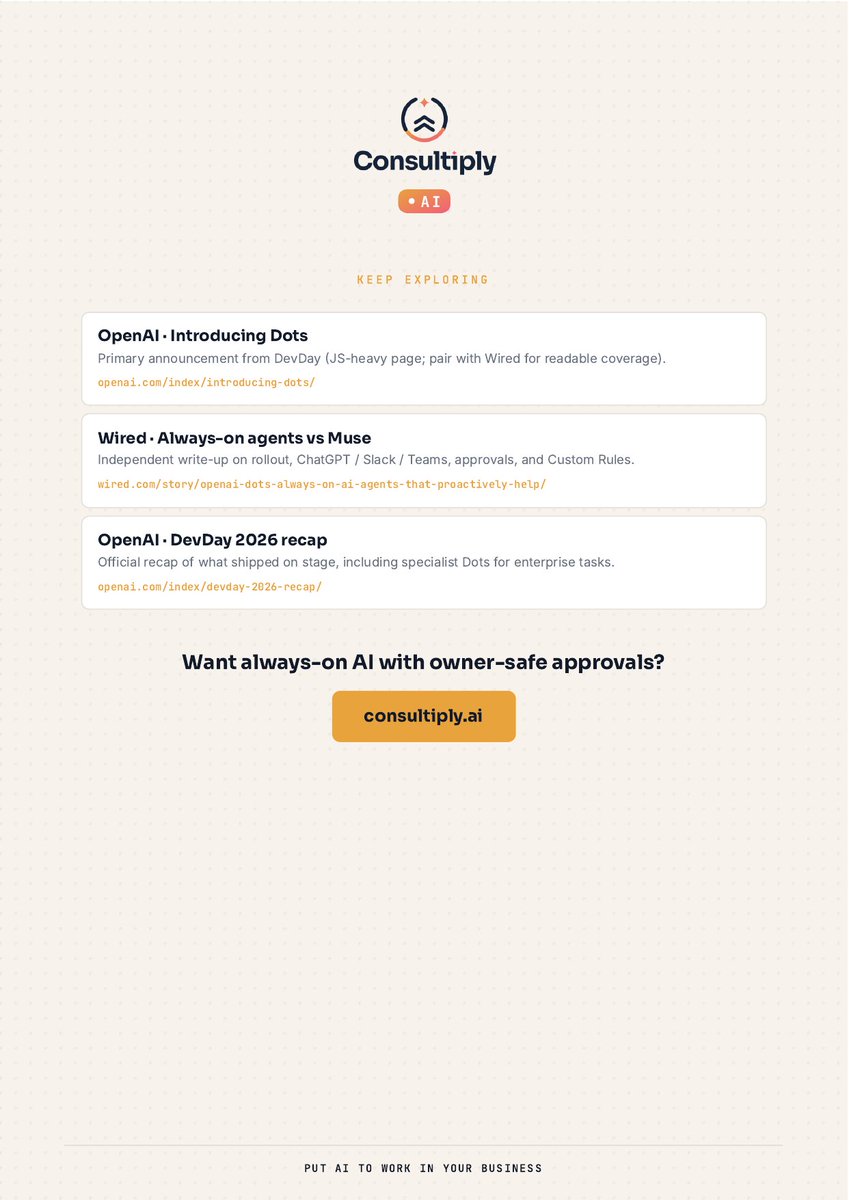 geekdude's tweet photo. Your inbox doesn't close when you do. ⚡

Dots keep working on proposals and invoices after you leave ChatGPT, Slack, or Teams.

Cute avatars aren't the story. Approvals are. 🔐
What can it send without you?
https://t.co/3C2jb8J0Bx
#SMB #AIAgents #PutAIToWork https://t.co/Xd0Wuy02ME