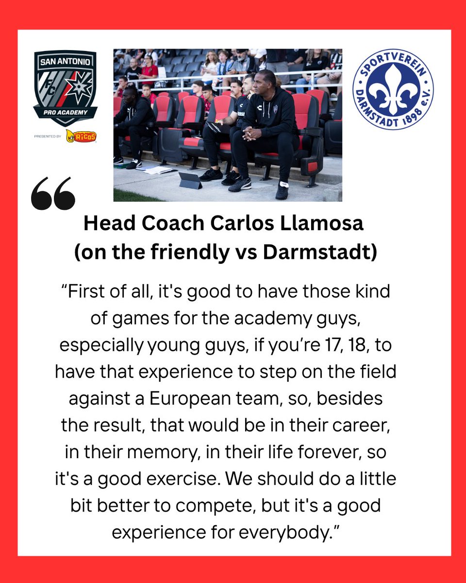 SAFCProAcademy's tweet photo. 7 Academy players saw action last night💪
SAFC Head Coach, Carlos Llamosa, shared his thoughts on the match vs 2 Bundesliga opponent, Darmstadt, and what it means for the academy players involved.
Congrats to Brian, Leo, Nico, Jay, Nic, Alfredo & Darwin.
#ourfuture #defend210 https://t.co/ltGEPheEek