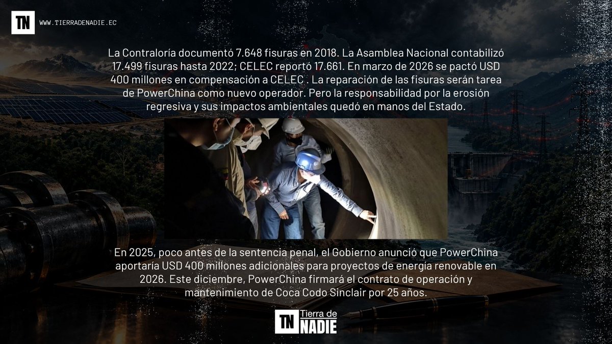 TierraDeNadieEc's tweet photo. En Coca Codo Sinclair: la Contraloría documentó 7.648 fisuras en 2018. La Asamblea contabilizó 17.499 fisuras hasta 2022. CELEC reportó 17.661. El tribunal arbitral pactó USD 400 millones en compensación en marzo de 2026. Sinohydro respondió. #PowerChina no estaba en el litigio. https://t.co/RVDFOLctQ7