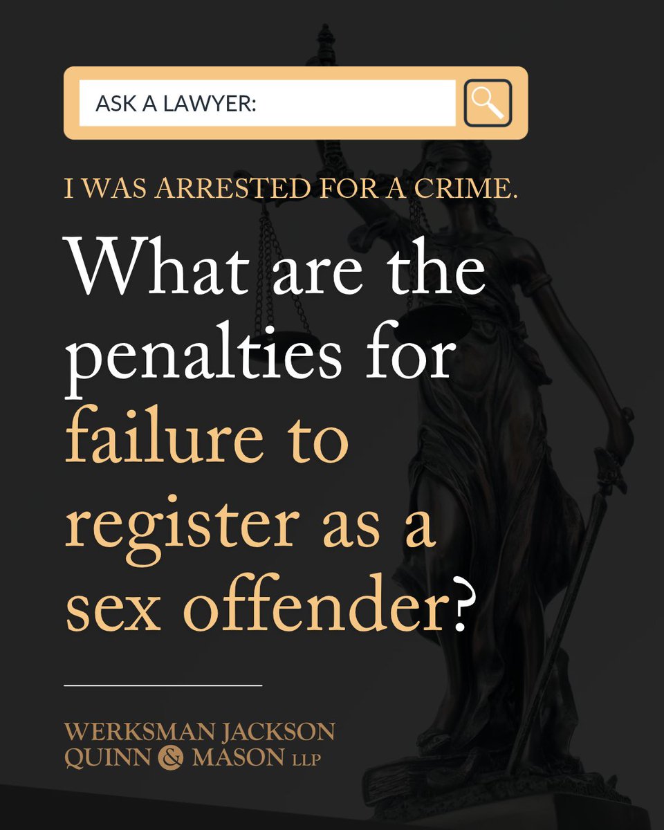 WJQM_LLP's tweet photo. The penalties imposed for a failure to register can be filed as a misdemeanor or felony, based on whether the sex crime was a misdemeanor or felony, or if the accused had a prior failure to register conviction. A felony conviction can lead to up to three years' incarceration in state prison. A misdemeanor conviction may lead to up to one year in jail and fines up to $1,000.

Learn more by visiting our website.

https://t.co/iPDLmNHY3V

#WerksmanJacksonQuinnandMason #CriminalLaw #LALawyers #LosAngelesLawyer #CriminalDefense