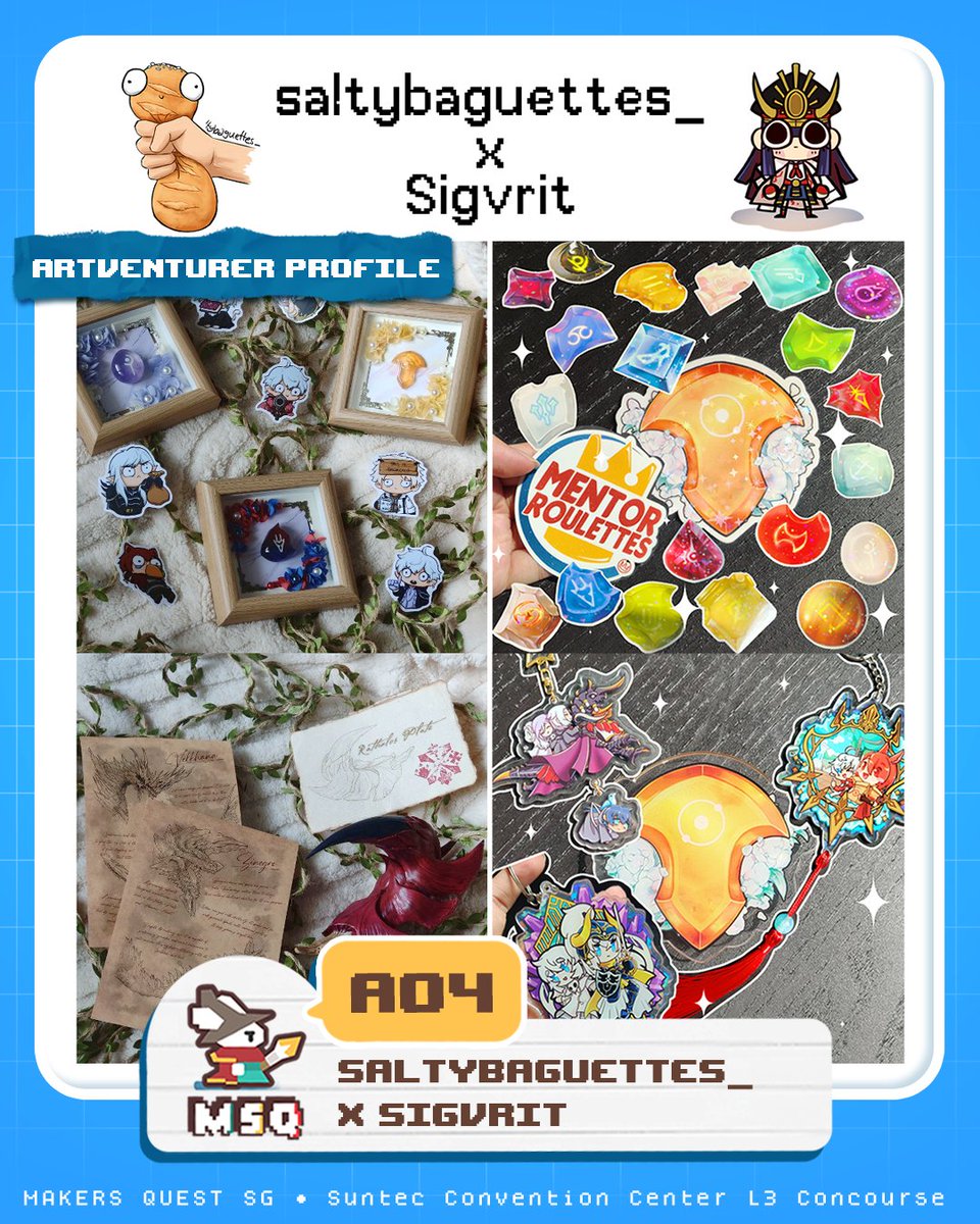 MakersQuestSG's tweet photo. ✨Discover treasures forged with elaborate detail!✨

B27- LEOREN
A17- Tea &amp; Buns
B38- nikkarooart
B26- saltybaguettes_ x Sigvrit

📍Makers Quest SG
Suntec Concourse L3
17 Oct 2026
10am-7pm
Check out the full map on our website! #msqsg2026 https://t.co/s66NX8rwRb