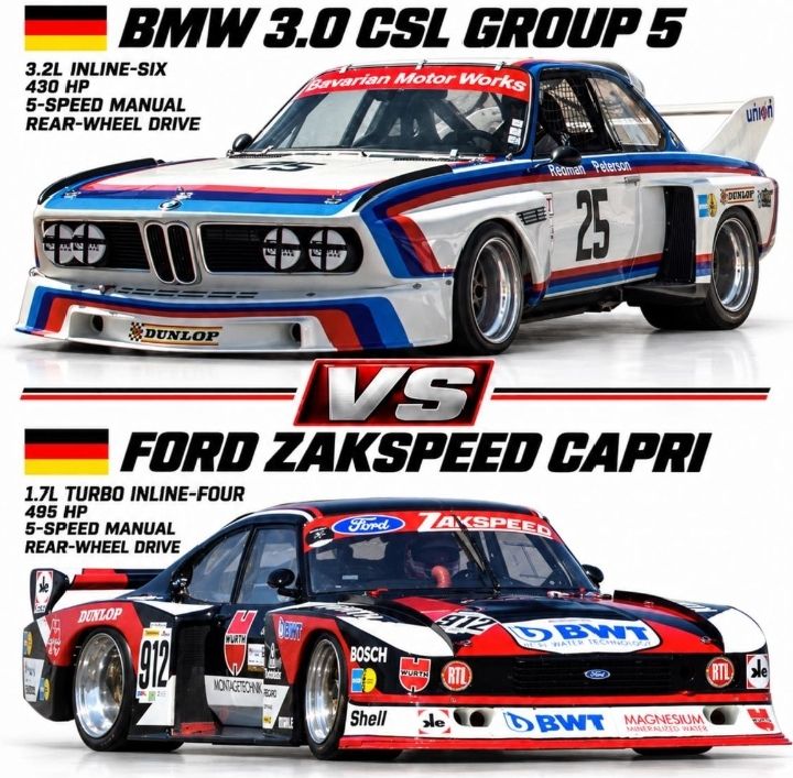 Retromania4ever's tweet photo. #BMW 3.0 CSL “Batmobile”
3.5L naturally aspirated inline-six 430 hp
5-speed manual - Rear-wheel drive

#Ford Zakspeed #Capri
Turbocharged inline-four
5-speed manual - Rear-wheel drive. https://t.co/qOhxSm4if9