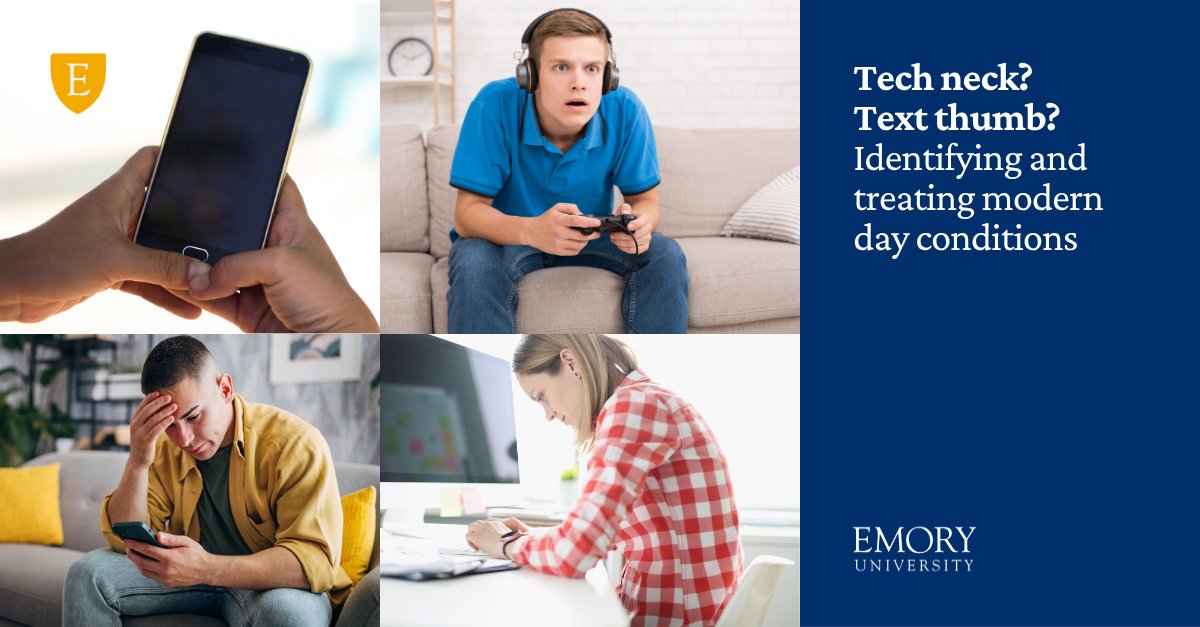 EmoryUniversity's tweet photo. On average, American adults spend five to six hours every day on their phones. Add in the hours we spend sitting and staring at our computers at our jobs, and that's a lot of neck pain. 🔗 https://t.co/WNtb6bvzaq #Emory #EmoryUniversity #TechNeck #TextThumb #RepetitiveStress https://t.co/G8H8hPSZii