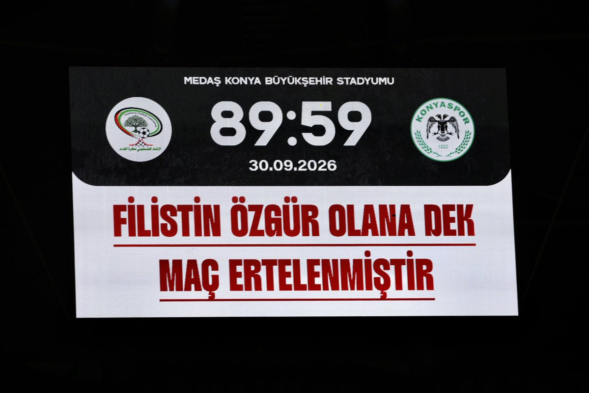 konyaspor's tweet photo. Filistin özgür olana dek maç ertelenmiştir. 🇹🇷🇵🇸 https://t.co/aJhZ86ZIiv