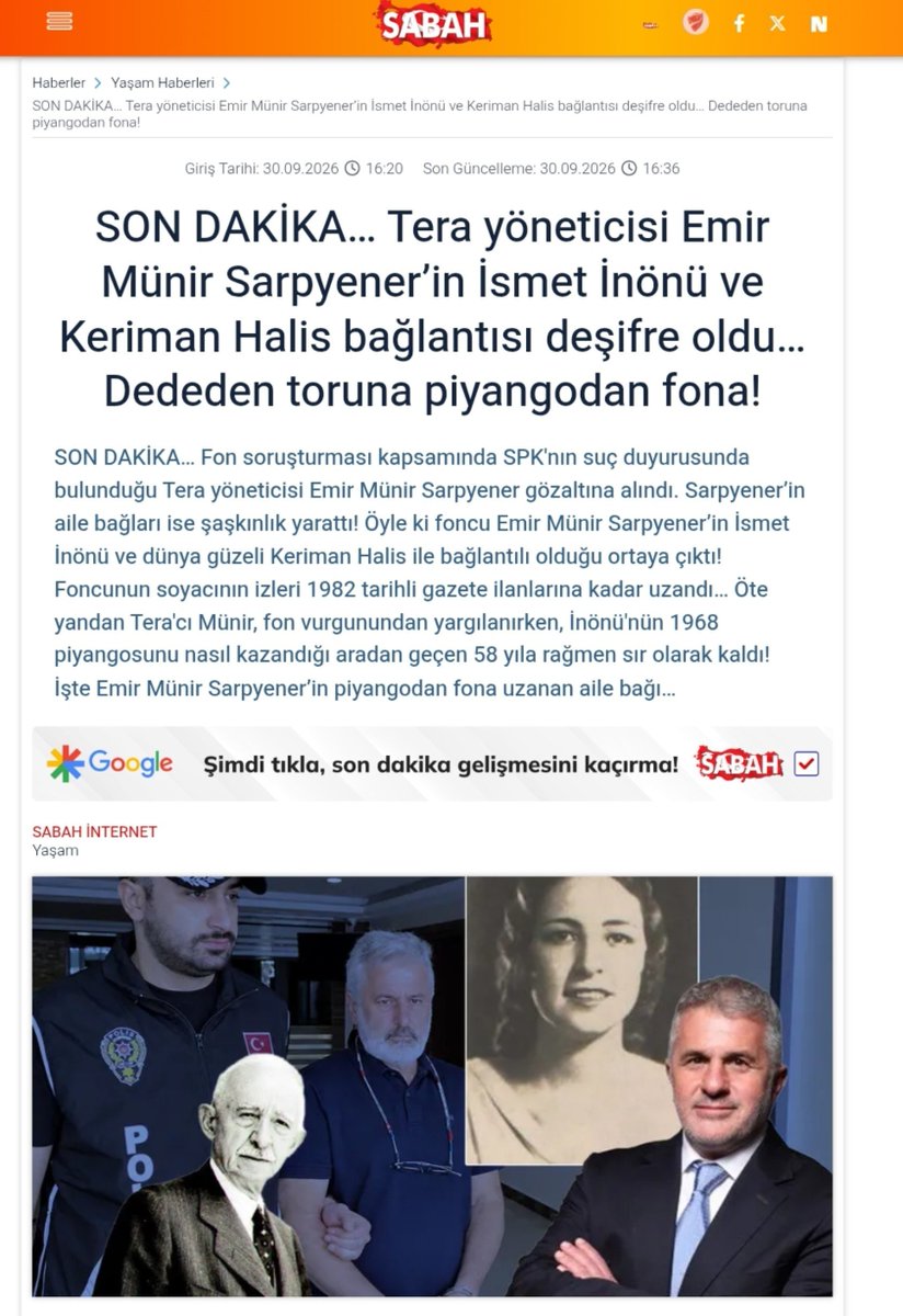 Piyasa1071's tweet photo. 🔴 Vatandaşın parasına göz diken Teracı Sarpyener'in aile bağları 2. CHP Genel Başkanı İsmet İnönü ve dünya güzeli Keriman Halis'e uzandı. 

📍Sarpyener'in anne tarafından Keriman Halis'in torunu, baba tarafından ise İnönü'nün kız kardeşinin torununun oğlu olduğu ortaya çıktı.

-Sabah Gazetesi