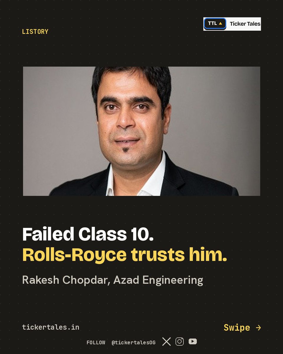 tickertalesOG's tweet photo. He failed Class 10. In 2008 he rented a 200 sq m shed in Hyderabad with one second-hand machine to make jet engine parts.

Today Rolls-Royce trusts him.

https://t.co/qc7rH98NlC https://t.co/ZHcMm5inBI