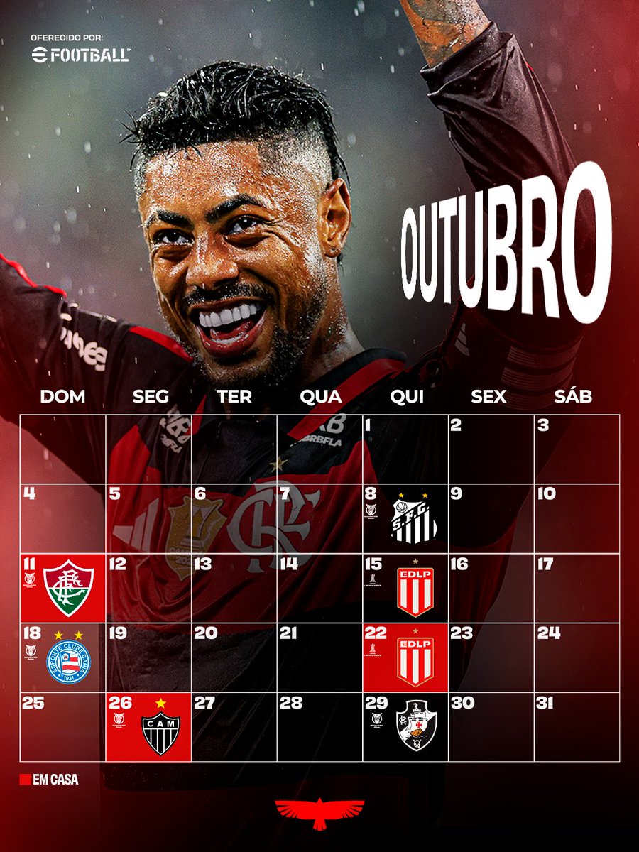 Flamengo's tweet photo. Virou a folhinha do calendário e um outubro decisivo chega para o Mengão! 📅

Esses são os nossos compromissos do mês. VAMOS, FLAMENGO! ❤️🖤

#Calendário https://t.co/fcwHKody1b