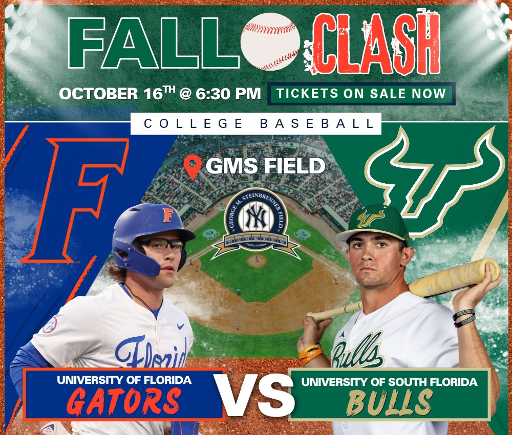 GMSField's tweet photo. The Fall Clash is coming to GMS Field!

College baseball takes center stage in Tampa this October as the Florida Gators face off against the USF Bulls on October 16 at 6:30 PM.

🎟️Tickets start at $20. Don’t miss the action! 

🔗: https://t.co/T8x0I1hrMD https://t.co/ezzkbXoH2c