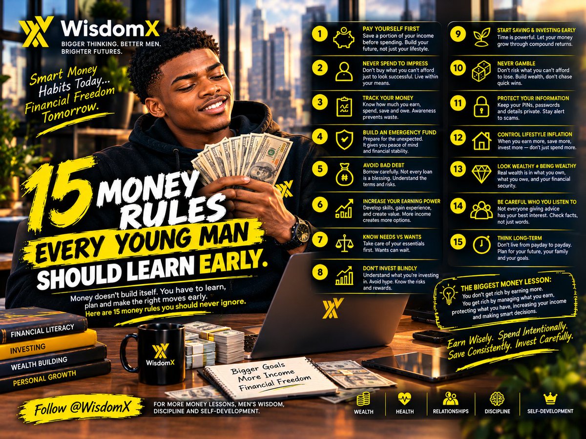 wisdomX99's tweet photo. 🧵 15 MONEY RULES EVERY YOUNG MAN SHOULD LEARN EARLY

Nobody teaches you everything about money when you're young.

You can work hard, earn a decent income, and still remain broke if you don't understand how money works.

Learn these 15 rules before money mistakes become expensive lessons. 👇