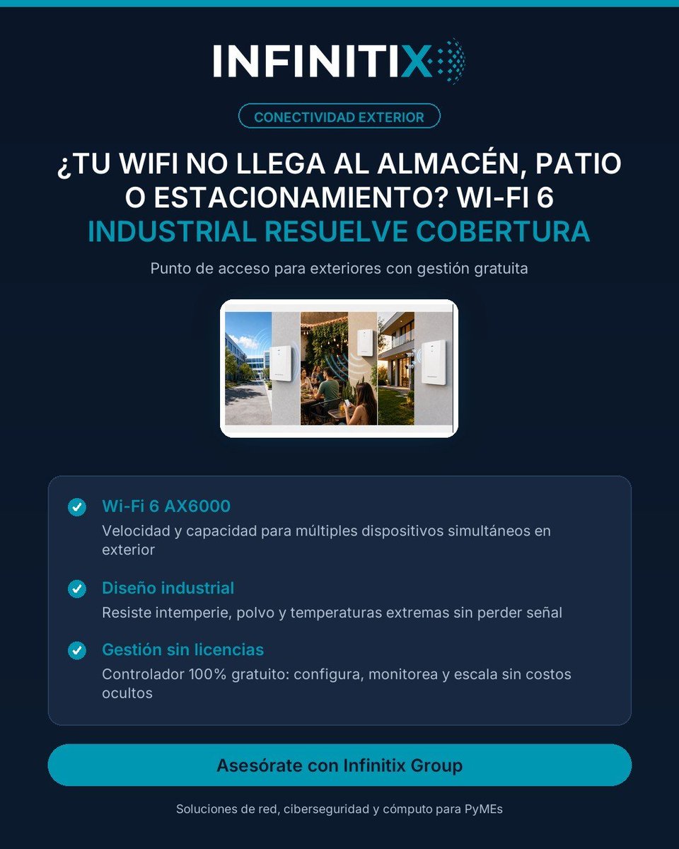 Infinitixgroup's tweet photo. ¿Tu WiFi no llega al patio o almacén? Un punto Wi-Fi 6 industrial resuelve cobertura exterior con gestión gratuita y sin licencias. Ideal para inventarios, cámaras y operación continua. Escríbenos y revisamos tu caso. #WiFi6 https://t.co/YaTJmiu9fJ